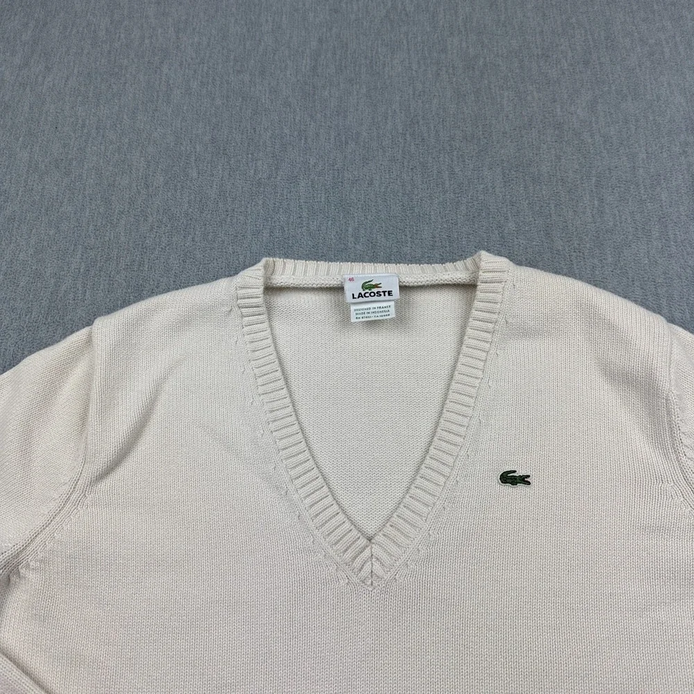 Vintage Lacoste Sweater Mens 46 Small Creme Knit V-Neck Ribbed Pullover Croc - Picture 2 of 11